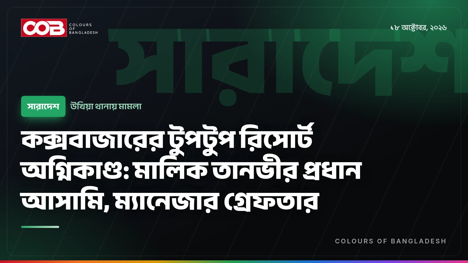 কক্সবাজারের টুপটুপ রিসোর্ট অগ্নিকাণ্ড: মালিক তানভীর প্রধান আসামি, ম্যানেজার গ্রেফতার